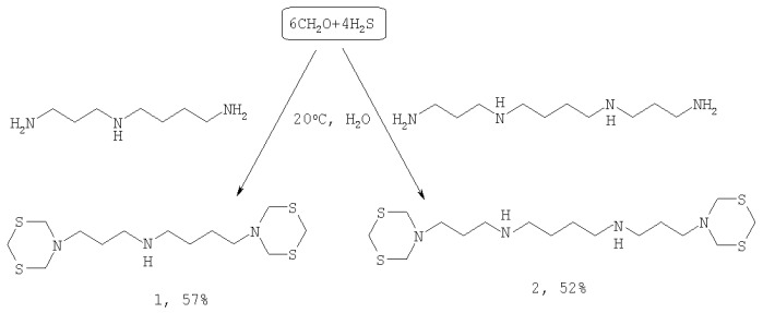 Способ селективного получения n-[3-(1,3,5-дитиазинан-5-ил)пропил]-n-[4-(1,3,5-дитиазинан-5-ил)бутил]амина и n1,n4-бис-[3-(1,3,5-дитиазинан-5-ил)пропил]-1,4-бутандиамина (патент 2409574)