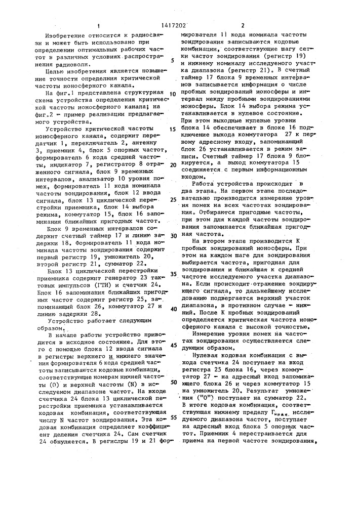 Устройство определения критической частоты ионосферного канала (патент 1417202)