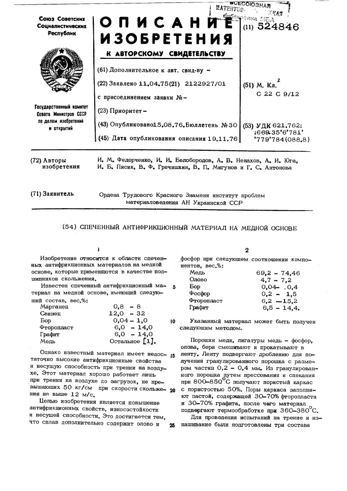 Спеченный антифрикционный материал на медной основе (патент 524846)