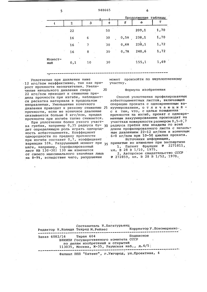 Способ уплотнения профилированных асбестоцементных листов (патент 948665)