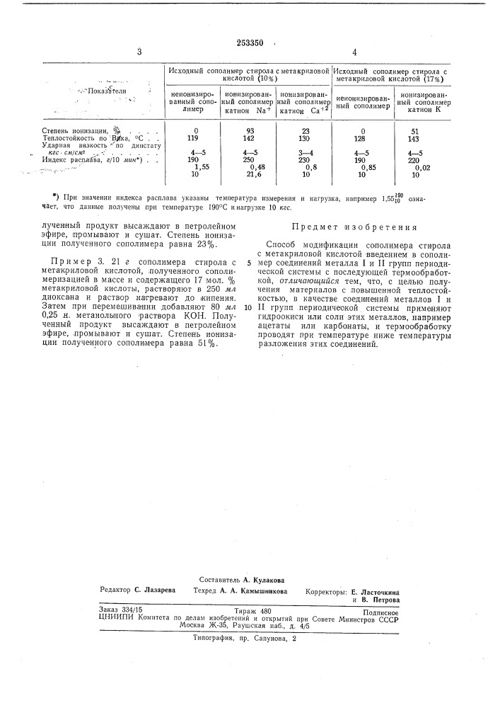 Способ модификации сополимера стирола с метакриловой кислотой (патент 253350)