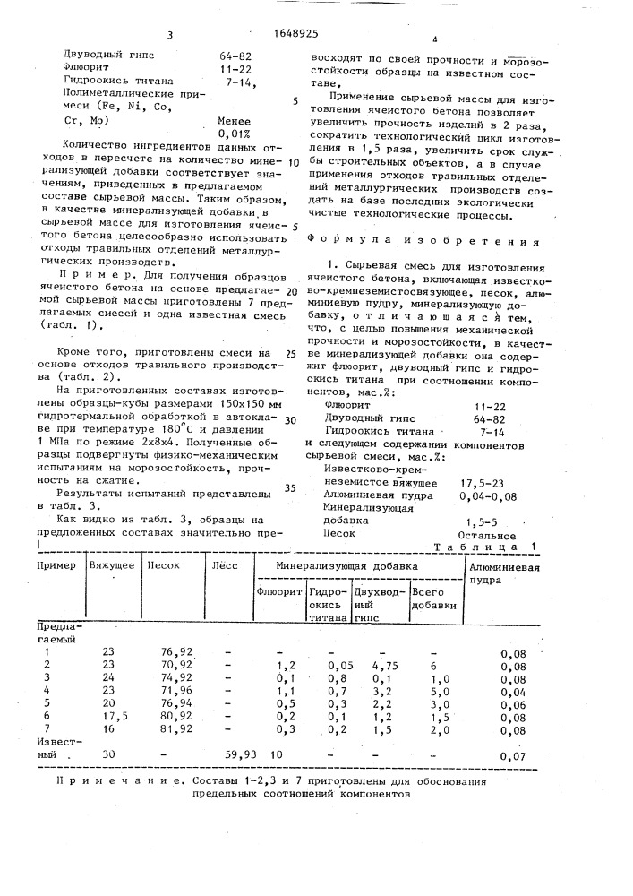 Сырьевая смесь для изготовления ячеистого бетона (патент 1648925)