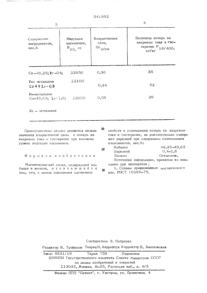 Магнитномягкий сплав (патент 541892)