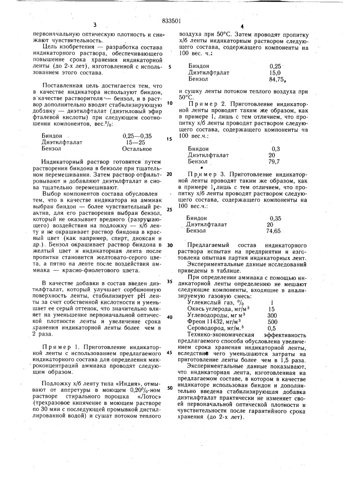 Индикаторный раствор для изготовленияиндикаторной ленты ha аммиак (патент 833501)