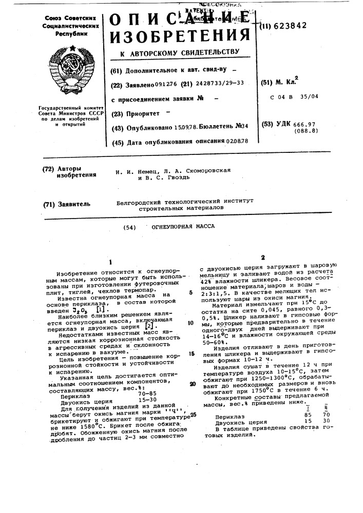 Огнеупорная масса (патент 623842)