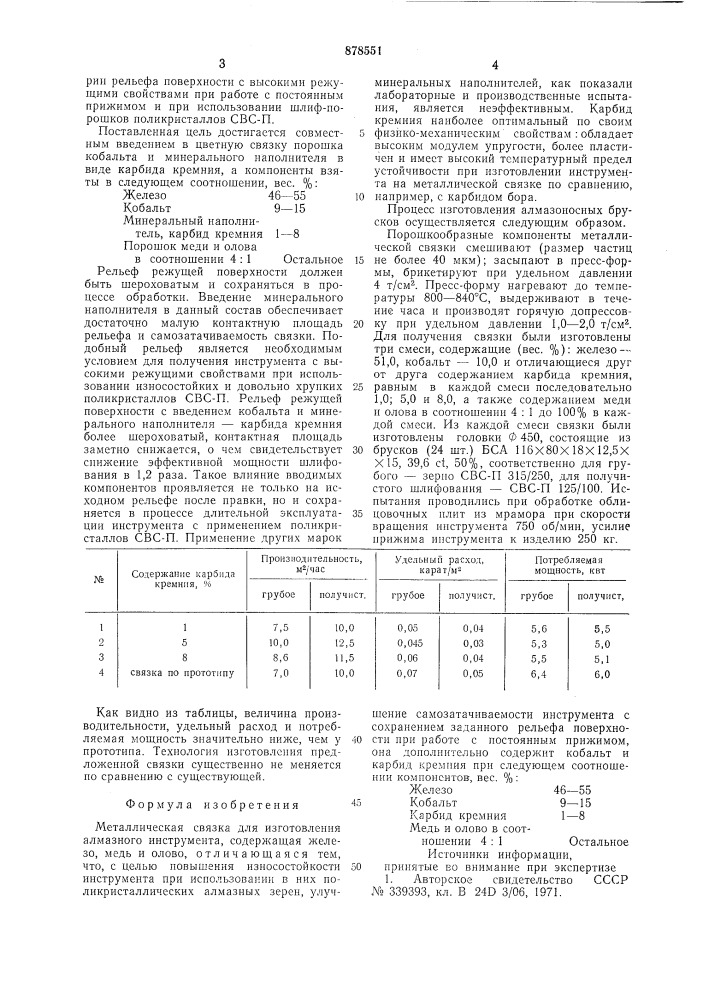 Металлическая связка для изготовления алмазного инструмента (патент 878551)