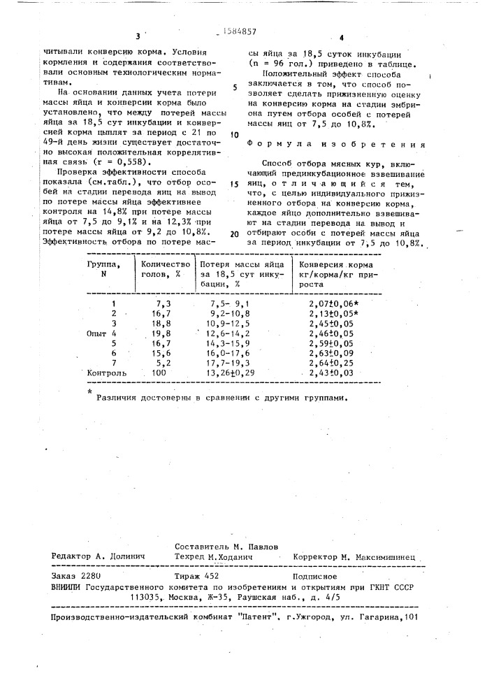 Способ отбора мясных кур (патент 1584857)