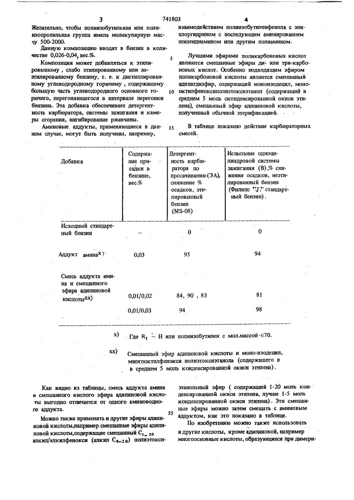 Детергентная композиция присадок к бензину (патент 741803)