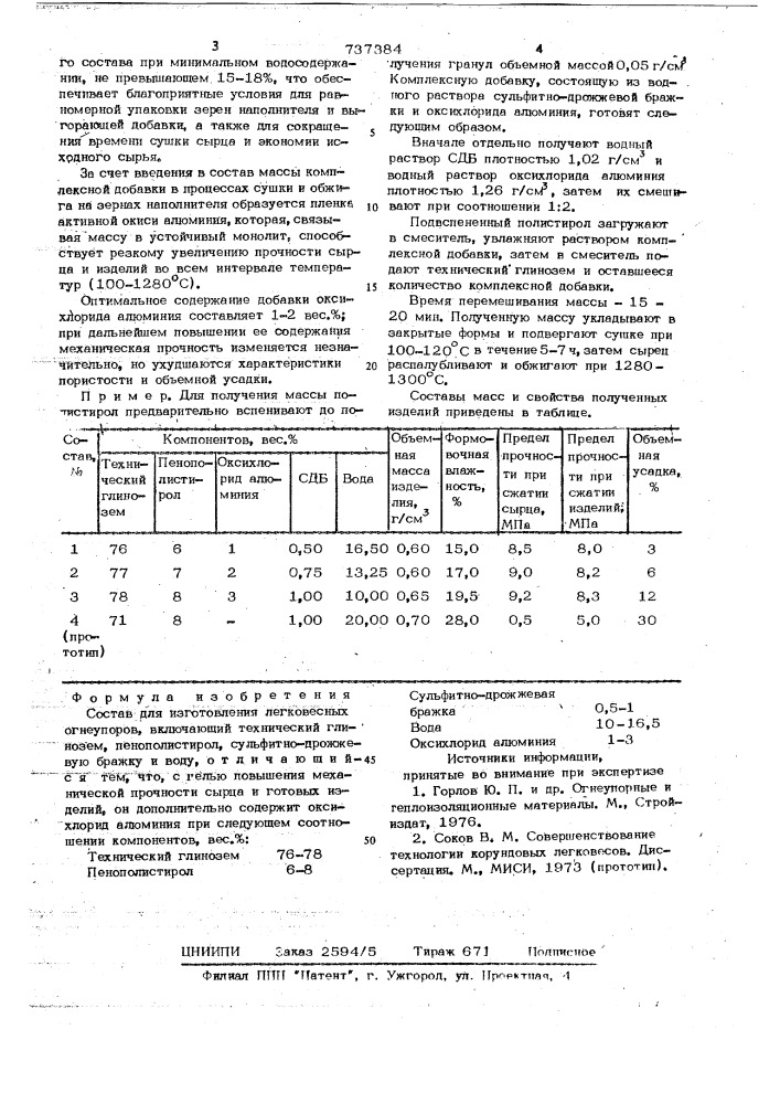 Состав для изготовления легковесных огнеупоров (патент 737384)