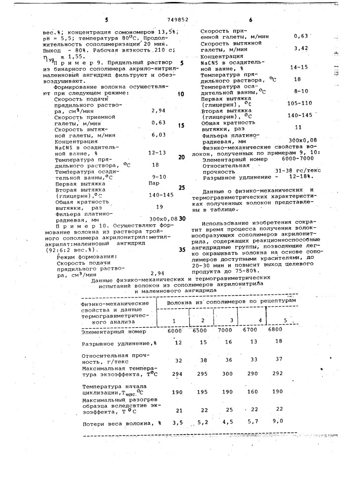 Способ получения волокнообразующих сополимеров акрилонитрила (патент 749852)