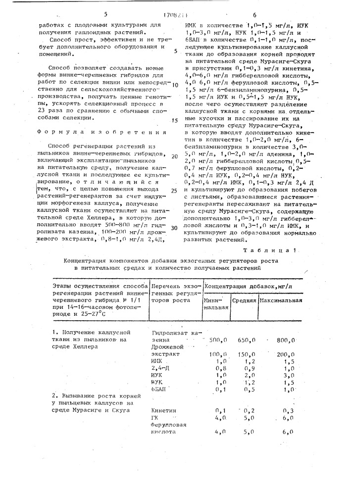 Способ регенерации растений из пыльников вишне-черешневых гибридов (патент 1708211)