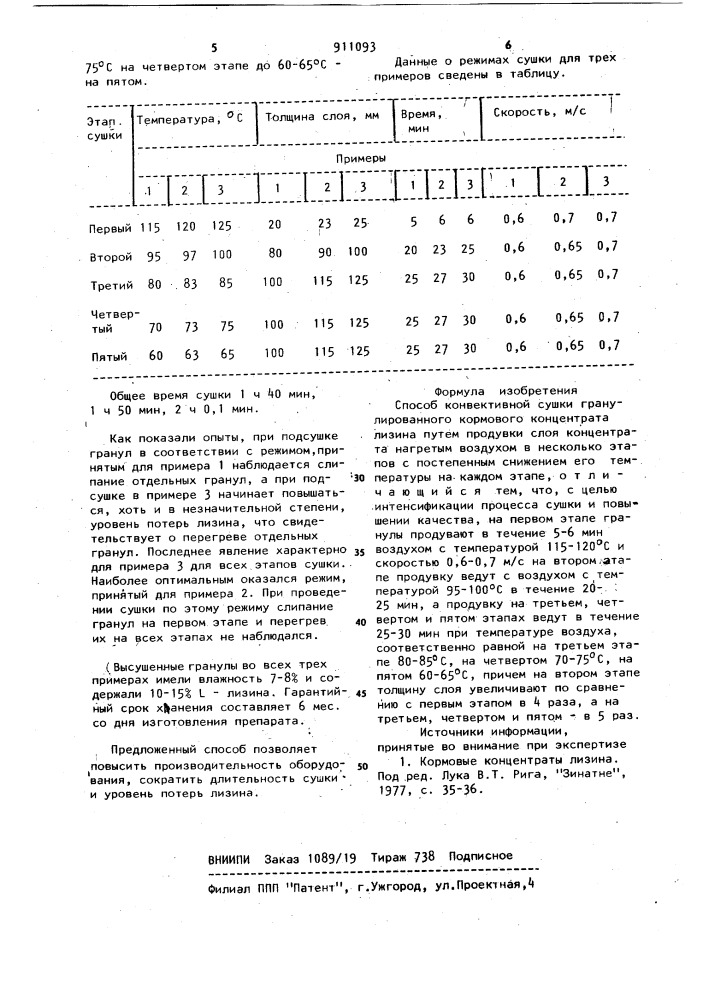 Способ конвективной сушки гранулированного кормового концентрата лизина (патент 911093)
