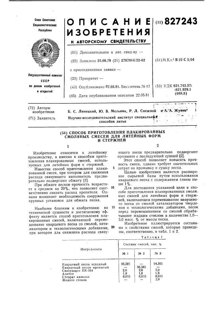 Способ приготовления плакированныхсмоляных смесей для литейных форми стержней (патент 827243)
