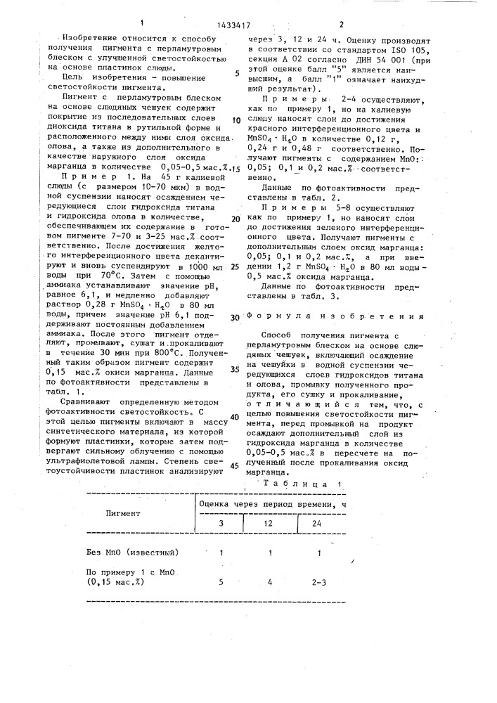 Способ получения пигмента с перламутровым блеском на основе слюдяных чешуек (патент 1433417)