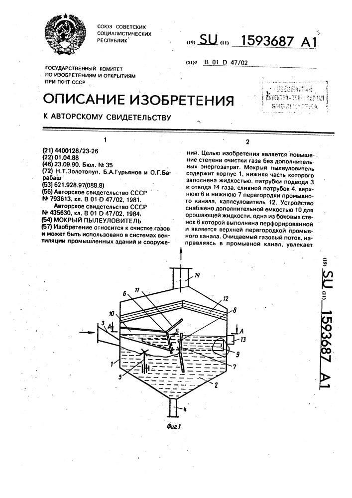 Мокрый пылеуловитель (патент 1593687)