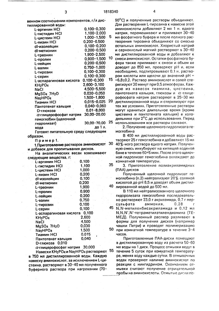 Синтетическая питательная среда для пропитки полиакриламидного геля, содержащего 0,95 мас.% иммобилизированного гемина, для выращивания бактерий fransiella тulаrеnsis (патент 1818340)