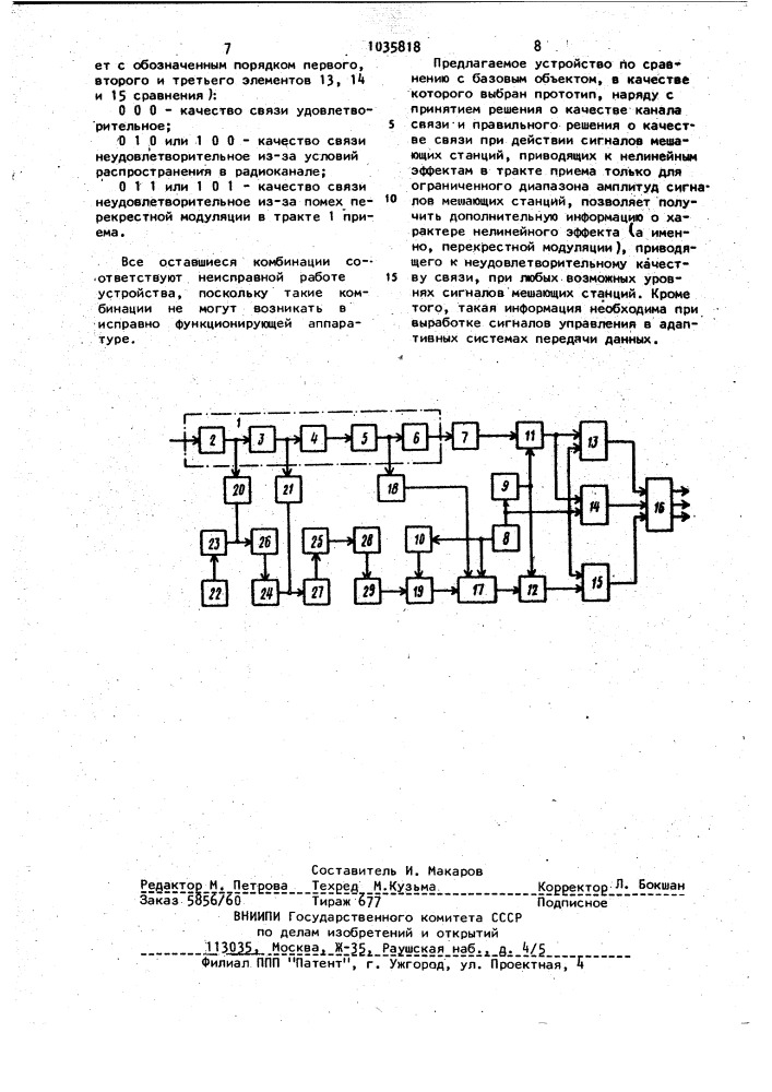 Устройство контроля канала связи (патент 1035818)