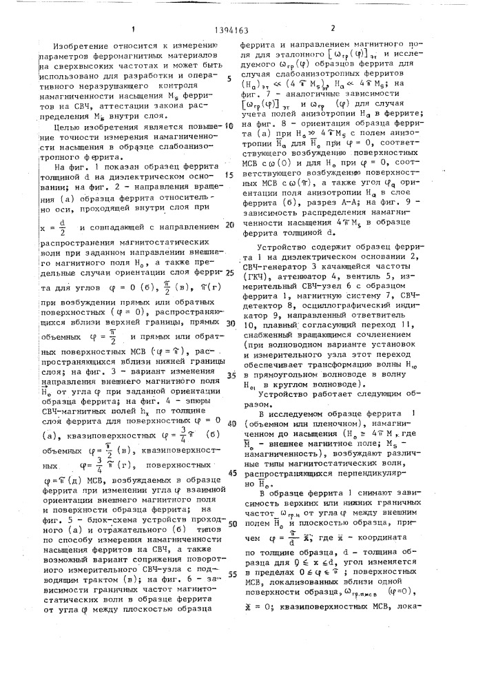 Способ определения намагниченности насыщения в феррите на свч (патент 1394163)