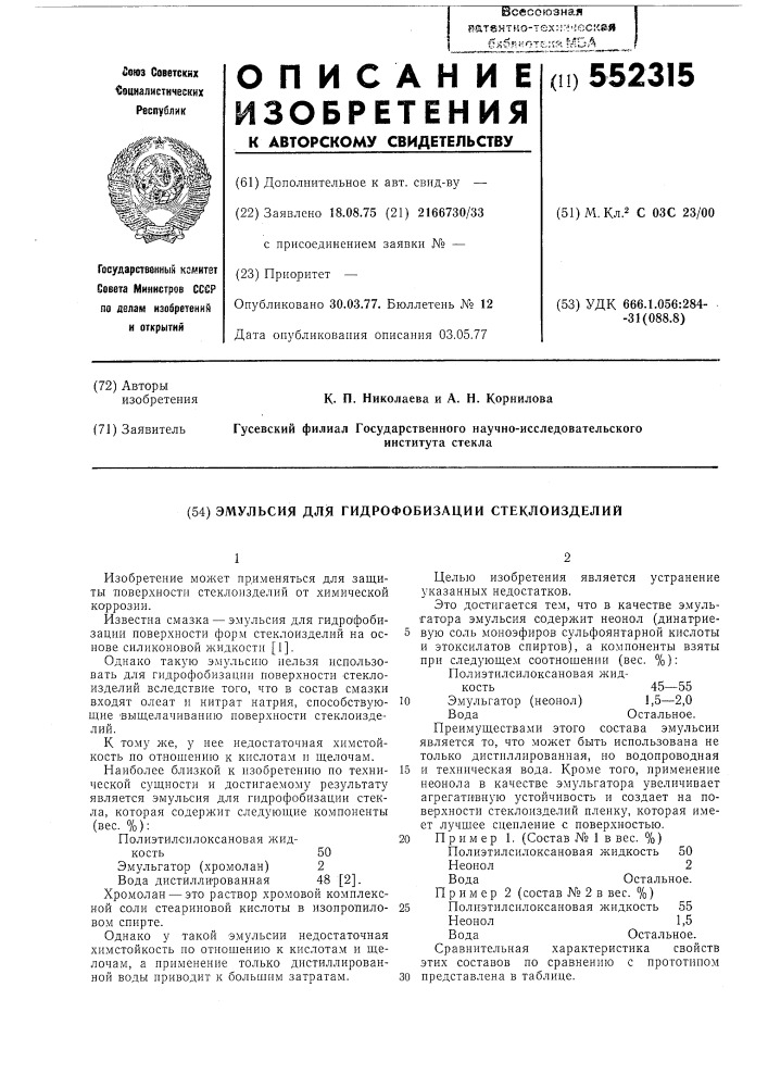 Эмульсия для гидрофобизации стеклоизделий (патент 552315)