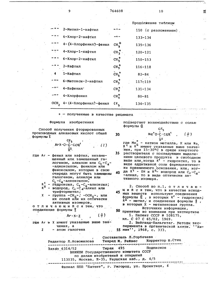 Способ получения фторированных производных алкановых кислот или их солей или их оптически активных изомеров (патент 764608)