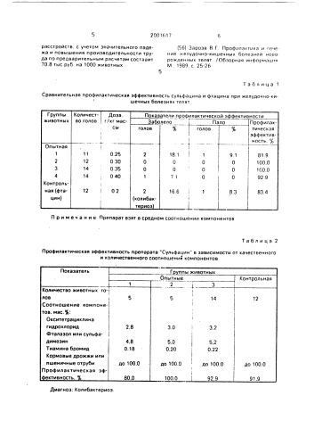 "препарат "сульфацин" для профилактики острых желудочно- кишечных болезней новорожденных телят" (патент 2001617)