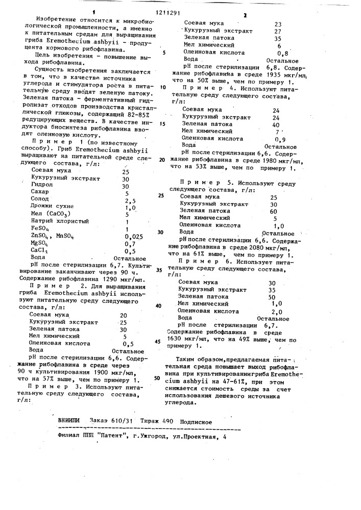 Питательная среда для выращивания гриба @ @ - продуцента кормового рибофлавина (патент 1211291)