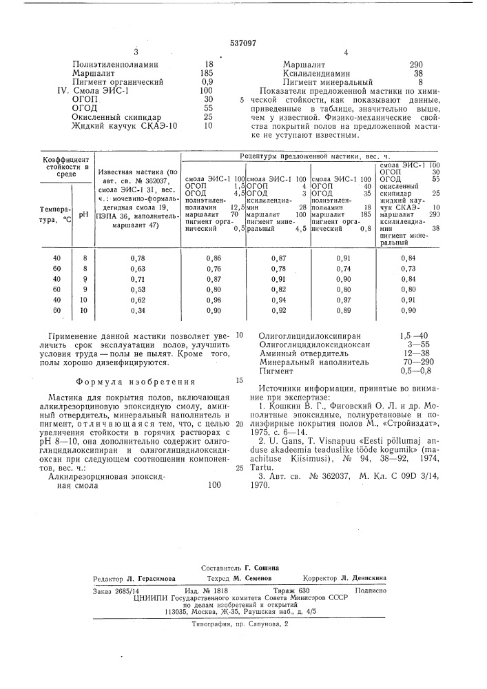 Мастика для покрытий полов (патент 537097)