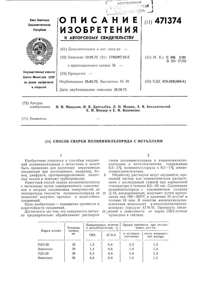 Способ сварки поливинилхлорида с металлами (патент 471374)