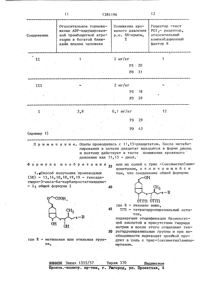 Способ получения производных /5е/-13,14,18,18,19,19- гексадегидро-3-окса-6а-карбапростагландина-1 @ или их солей (патент 1384196)