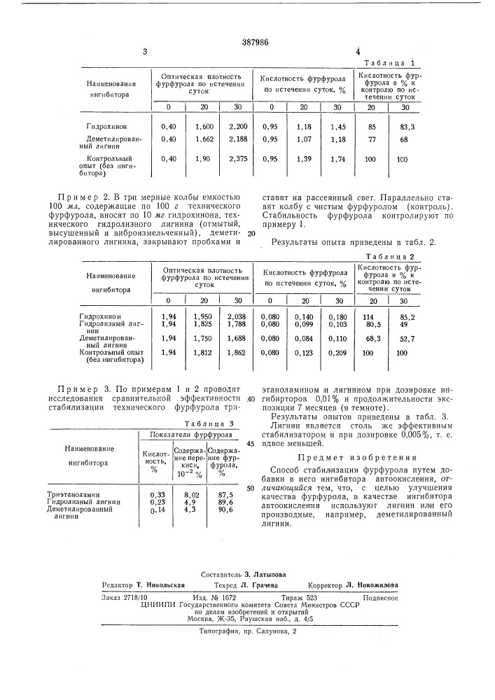 Способ стабилизации фурфурола (патент 387986)