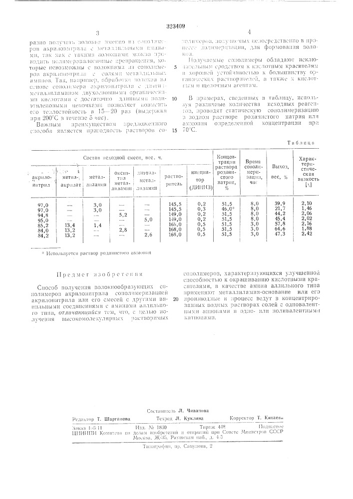 Способ получения волокнообразующих сопол имеров (патент 323409)