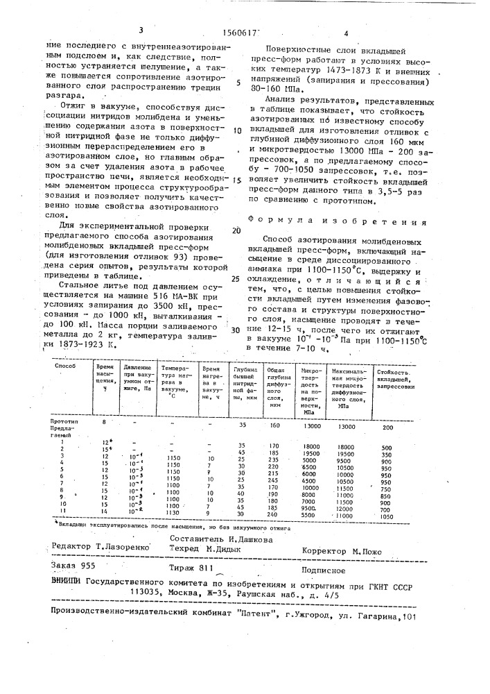 Способ азотирования молибденовых вкладышей пресс-форм (патент 1560617)