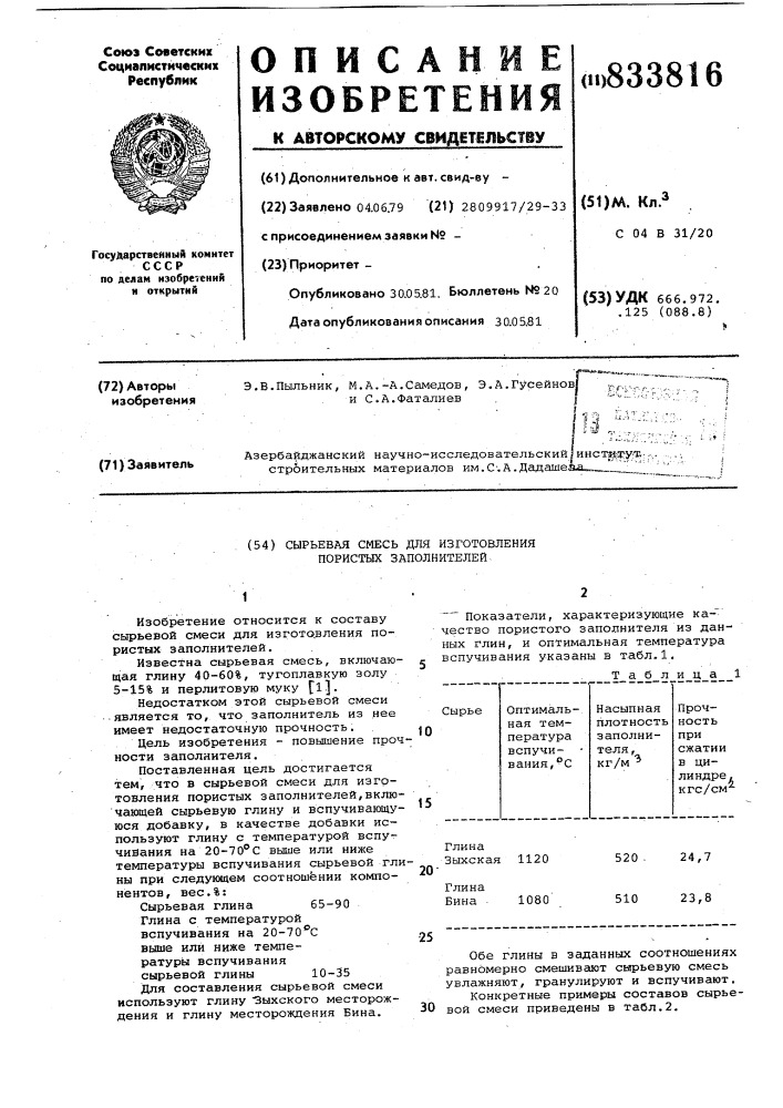 Сырьевая смесь для изготовленияпористых заполнителей (патент 833816)