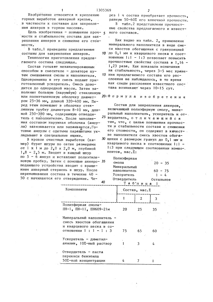Состав для закрепления анкеров (патент 1305369)