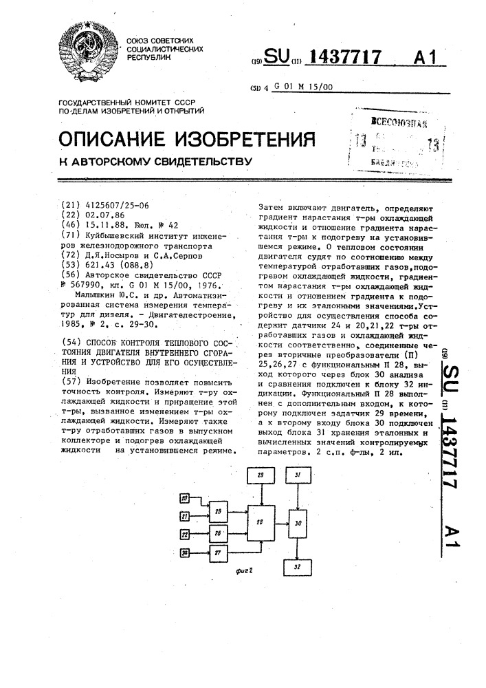 Способ контроля теплового состояния двигателя внутреннего сгорания и устройство для его осуществления (патент 1437717)