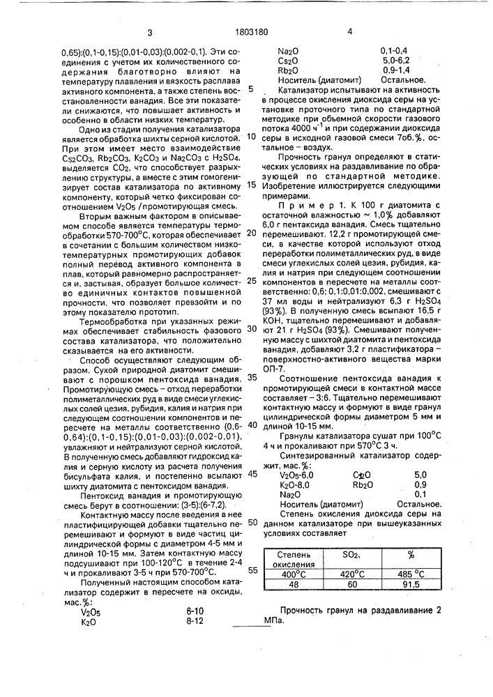 Способ приготовления катализатора для окисления диоксида серы (патент 1803180)