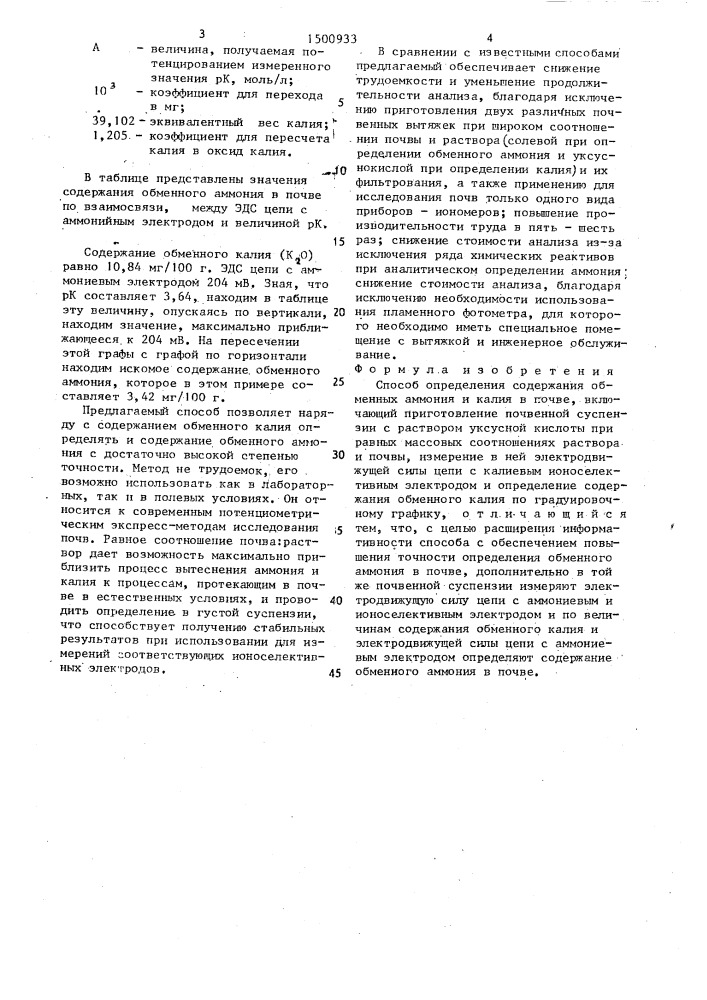 Способ определения содержания обменных аммония и калия в почве (патент 1500933)