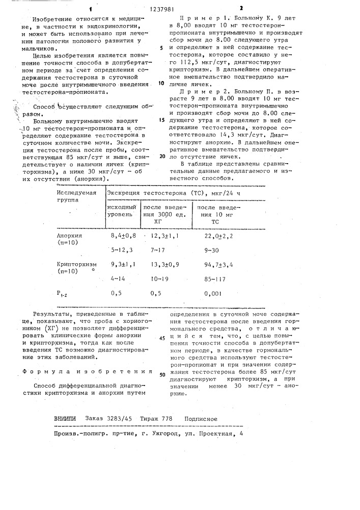 Способ дифференциальной диагностики крипторхизма и анорхии (патент 1237981)