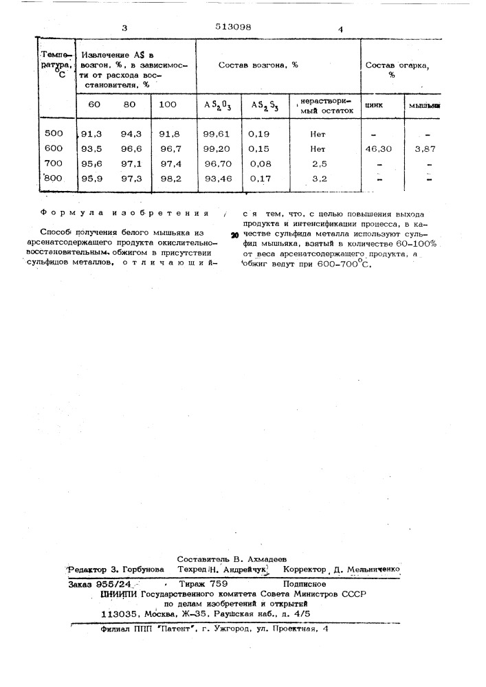 Способ получения белого мышьяка (патент 513098)