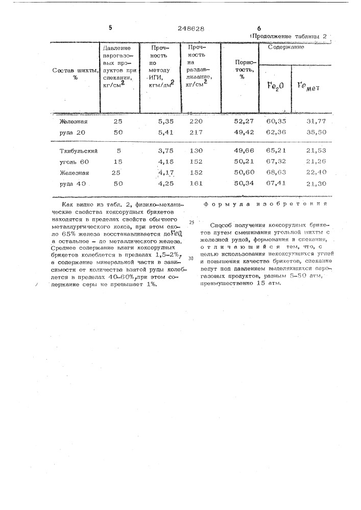 Способ получения коксорудных брикетов (патент 248628)