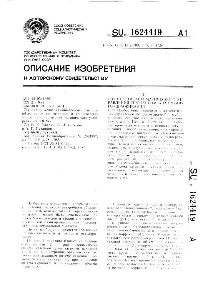 Способ автоматического управления процессом анаэробного сбраживания (патент 1624419)