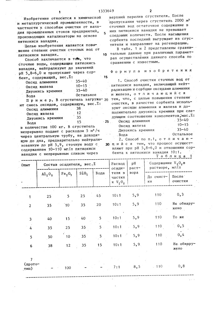 Способ очистки сточных вод от пятиокиси ванадия (патент 1333649)