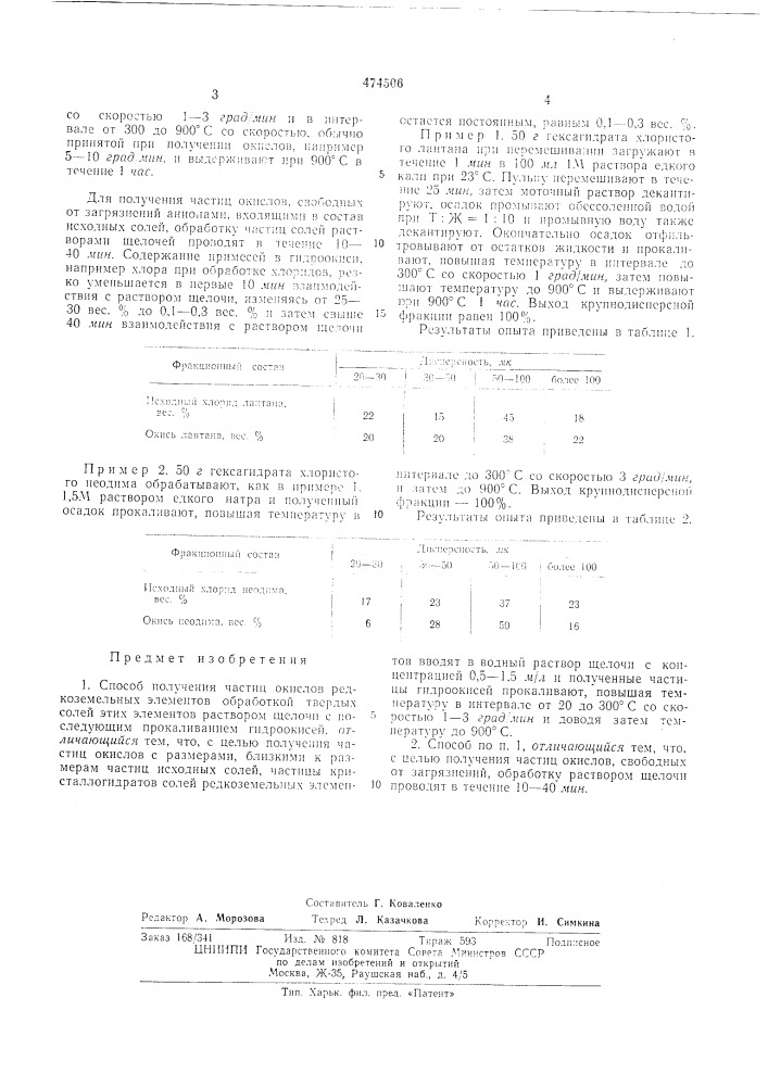 Способ получения частиц окислов редкоземельных элементов (патент 474506)