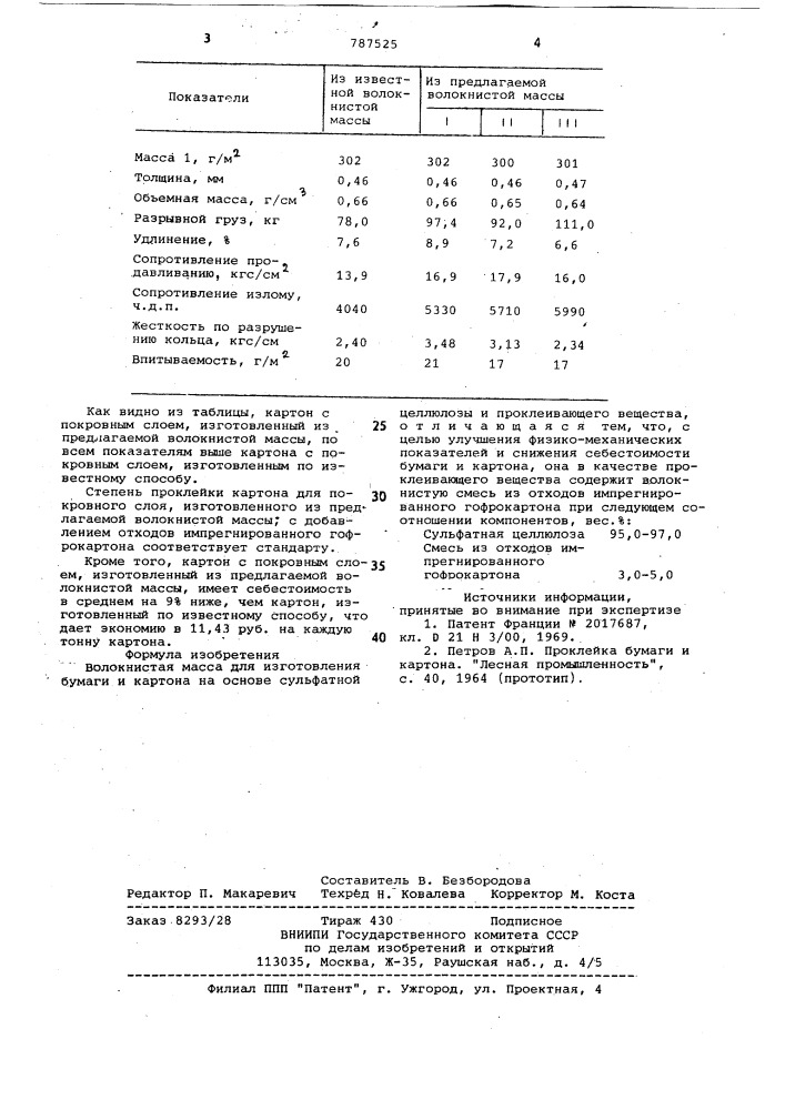 Волокнистая масса для изготовления бумаги и картона (патент 787525)