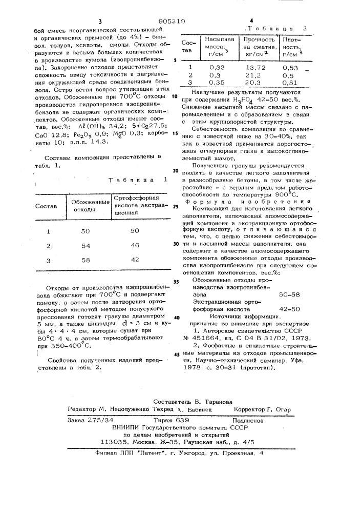 Композиция для изготовления легкого заполнителя (патент 905219)