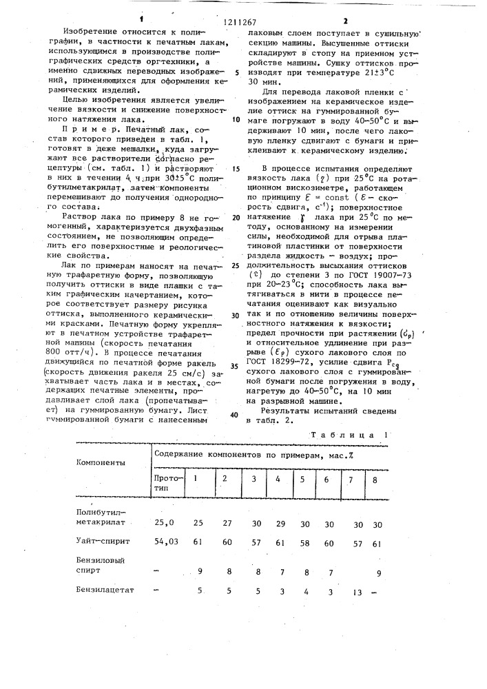Печатный лак (патент 1211267)