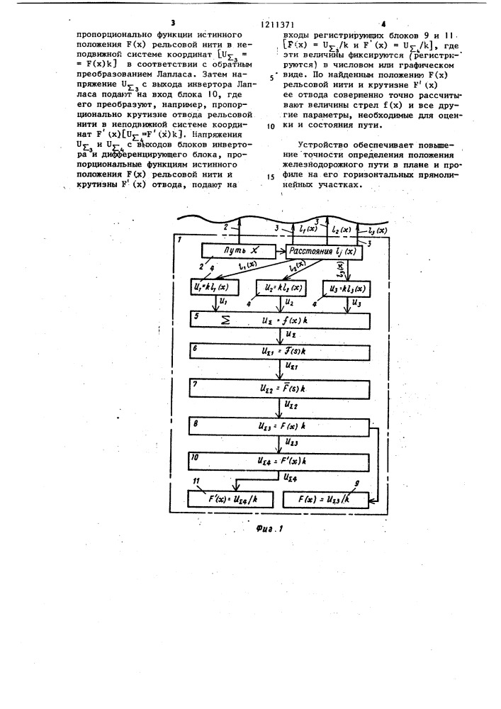 Устройство для определения положения железнодорожного пути в плане и профиле на его горизонтальных прямолинейных участках (патент 1211371)
