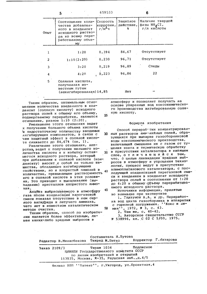 Способ переработки концентрированных растворов аммонийных солей, образующихся при выпарке газосборниковой воды (патент 659533)