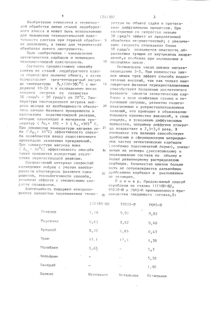 Способ термической обработки слитков из сталей ледебуритного класса (патент 1211307)