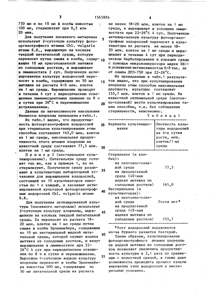 Способ культивирования микроводоросли хлореллы (патент 1565884)